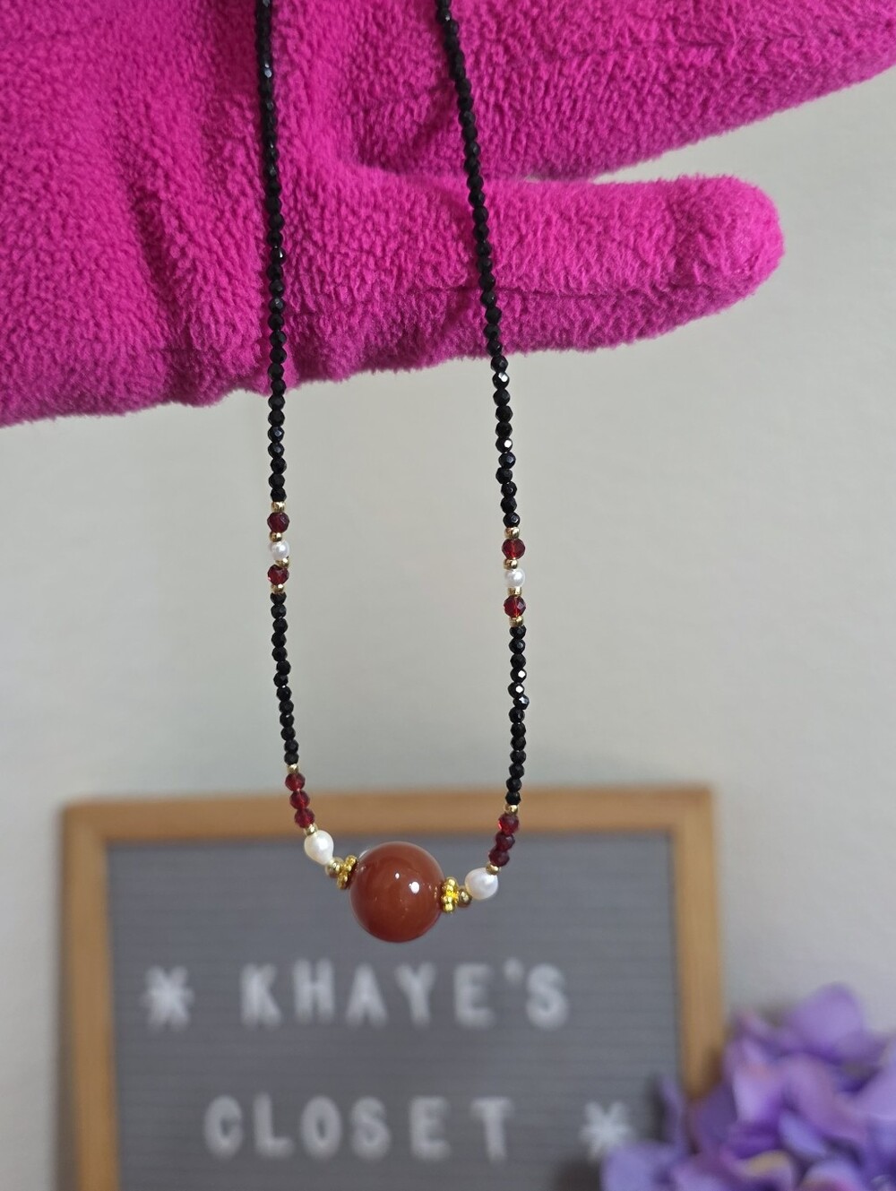 Handcrafted Black Spinel and Red Carnelian Necklace